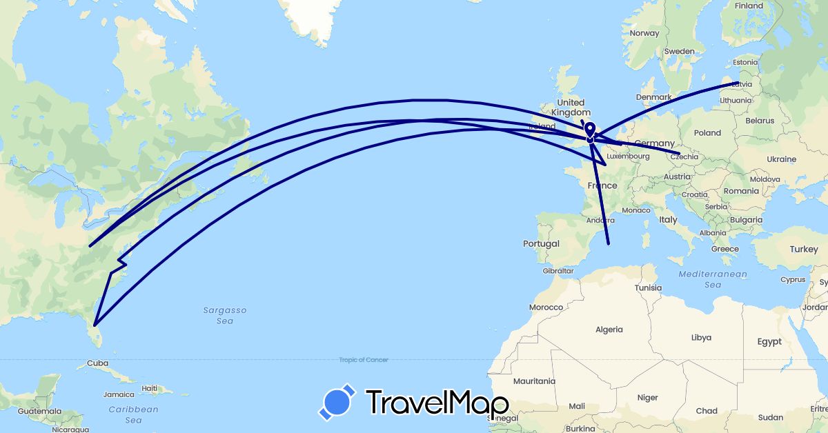 TravelMap itinerary: driving in Belgium, Czech Republic, Spain, France, United Kingdom, Latvia, United States (Europe, North America)